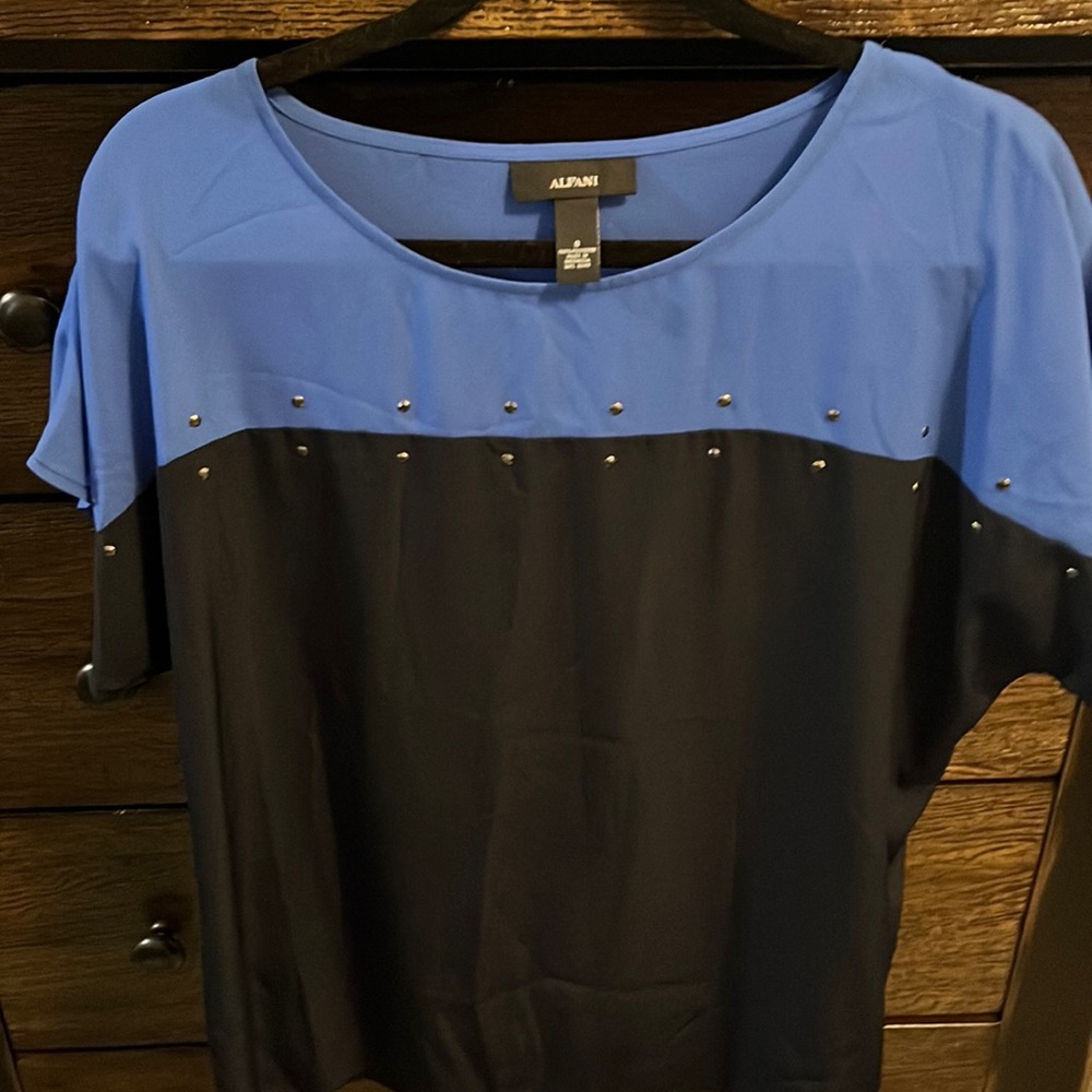 Alfani Blue Short Sleeve Blouse with Rhinestones size 8